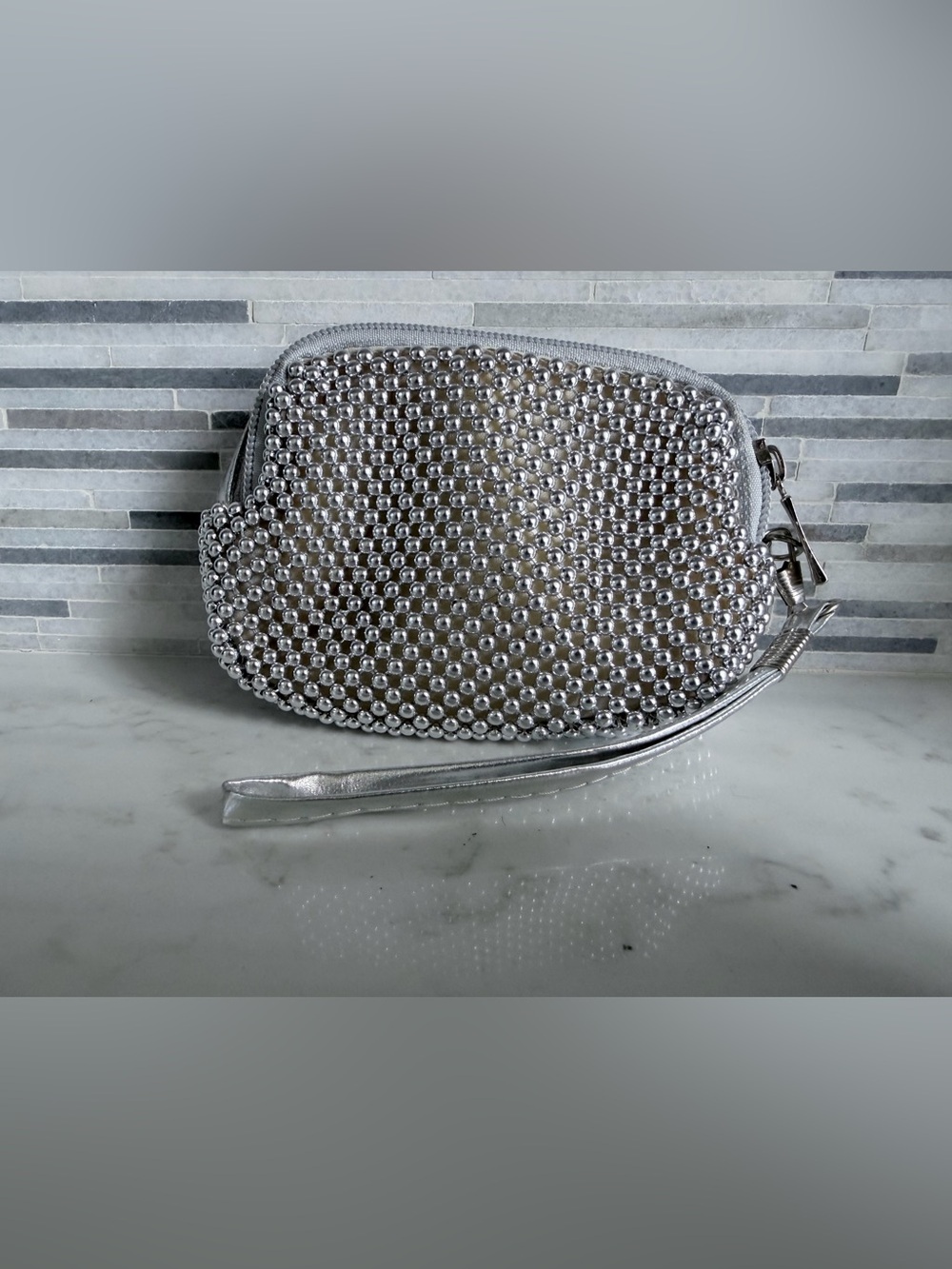 Silver Beaded Evening Wristlet Clutch